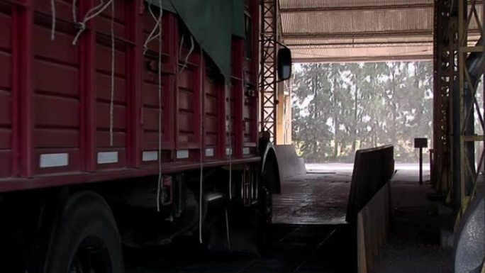 阿根廷圣达菲省罗萨里奥谷物港的倾卸平台上的谷物卡车。