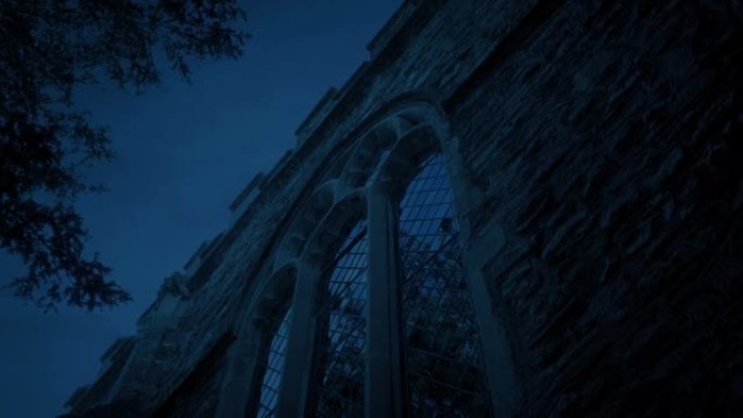 晚上路过教堂的窗户反射树木