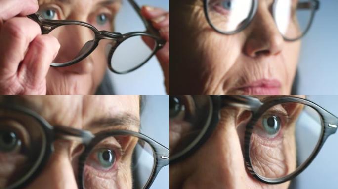 眼镜，视力变焦和高级女性阅读，工作或在视光师考试中进行评估测试，用于医疗保健，保险和视力健康。老年妇