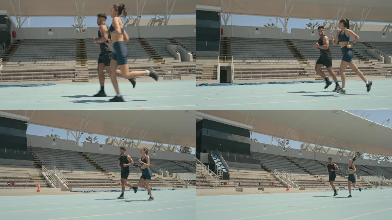一个年轻男女在赛道上一起奔跑的4k视频片段