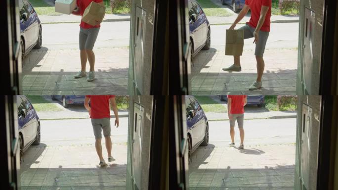 特写: 无法辨认的粗鲁快递员将一个盒子踢到某人的车道上。