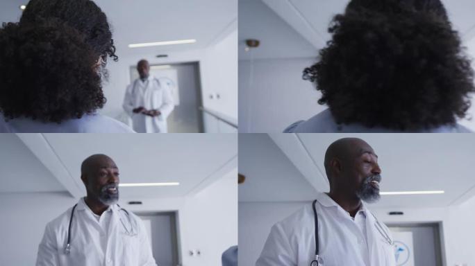 非裔美国男女高级医生在医院互相交谈