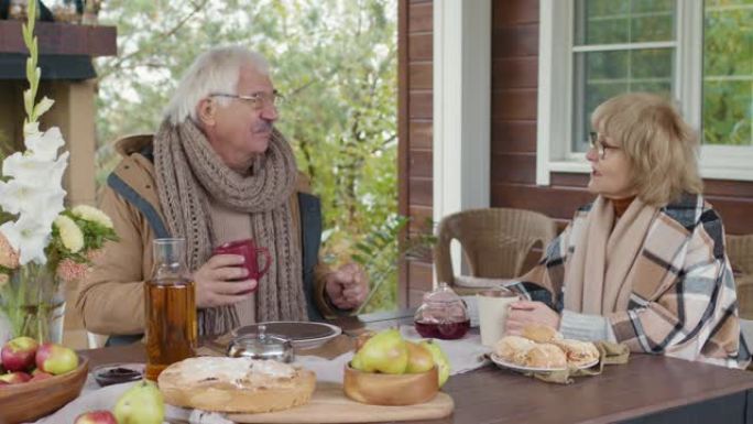 白人老年夫妇在乡村露台上用餐
