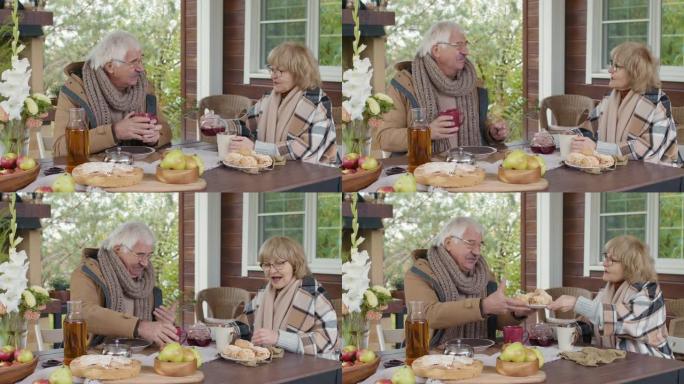 白人老年夫妇在乡村露台上用餐
