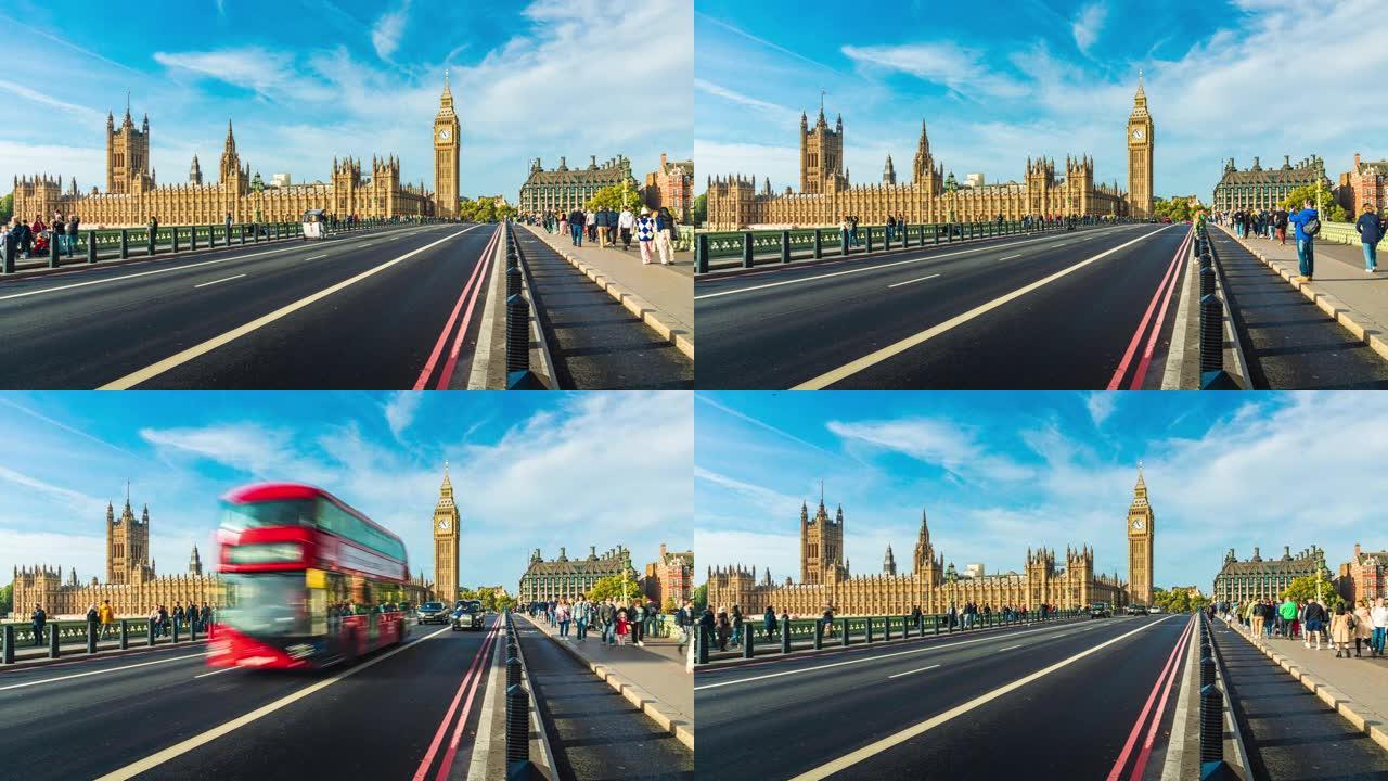 拥挤的人的时间流逝，旅游业在大本钟与议会大厦和英国伦敦威斯敏斯特桥一起散步和目击