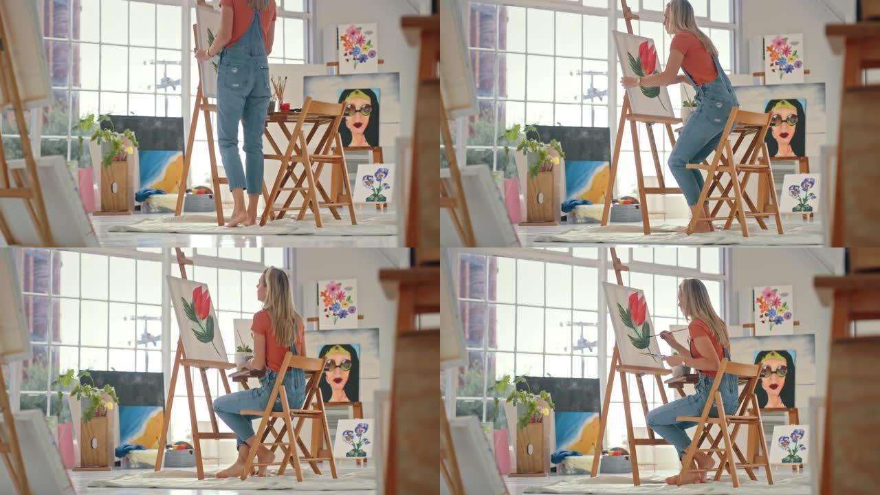 创造性的女艺术家在画布上用调色板和画笔绘画。画家在她的工作室里发展艺术技能。年轻女子在她的艺术工作室