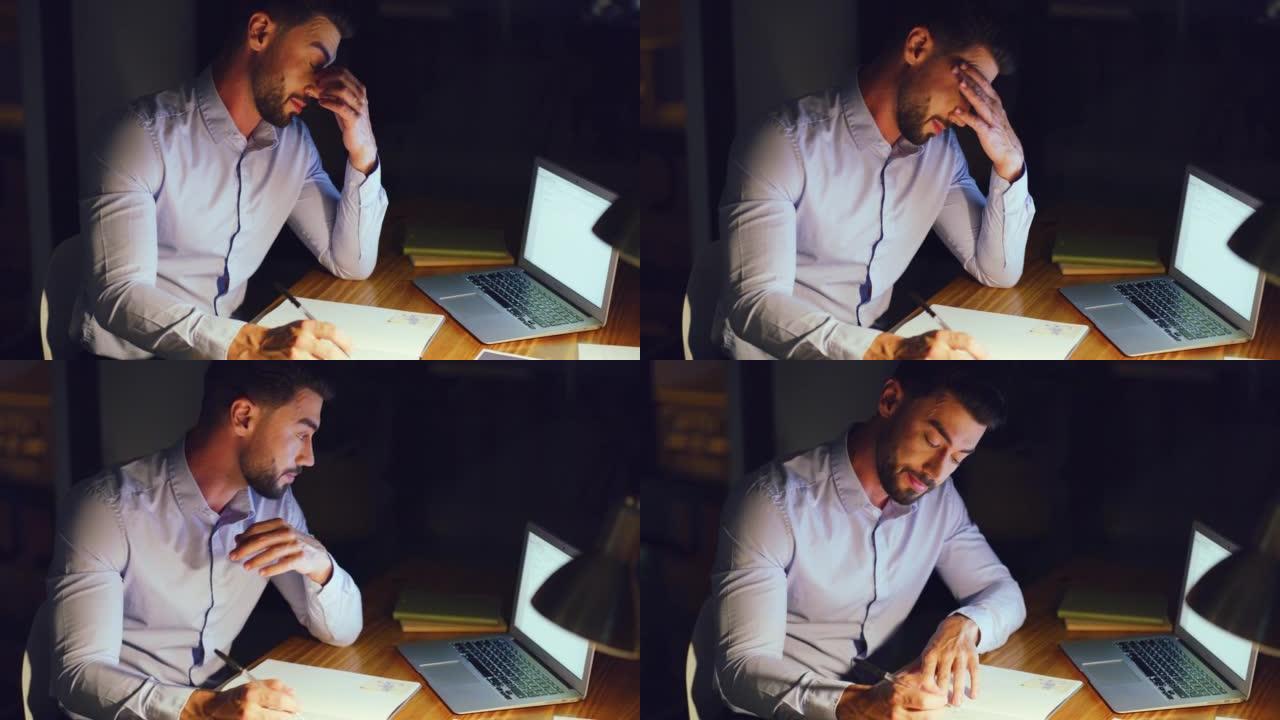 压力很大的商人晚上在办公室的笔记本电脑上工作到很晚。年轻的忧心忡忡的企业家在与倦怠，眼睛疲劳和因截止