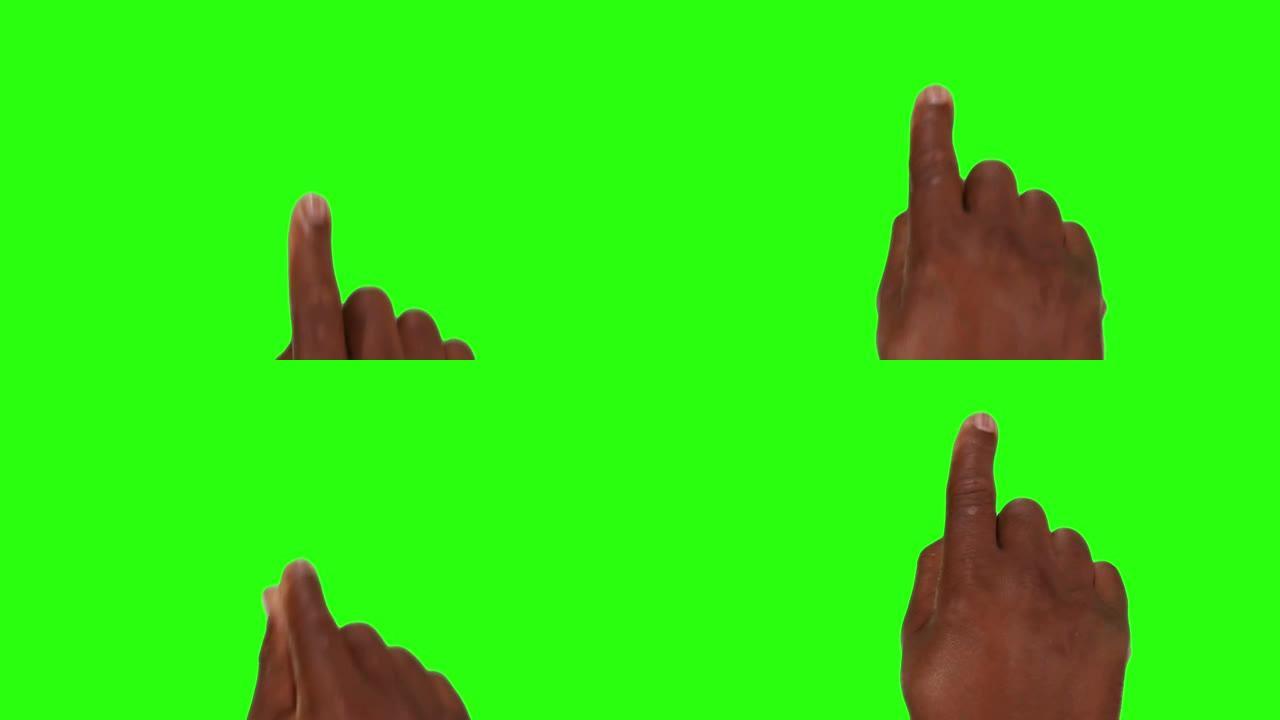 美国黑人男性手。手机。触摸屏手势。绿屏。