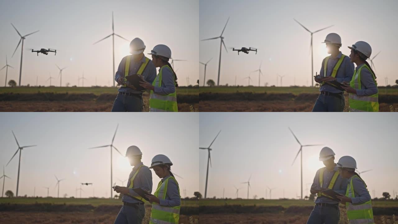 在土木工程项目的日出建筑现场勘测期间，亚洲女工程师在炼油厂上空飞行无人机