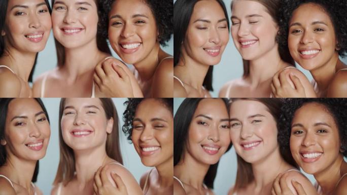三个不同的多种族模型在孤立的背景上的美丽肖像。拥有自然健康皮肤的快乐亚洲、黑人和白人女性。健康、水疗