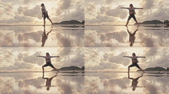 女人在日落时练习瑜伽