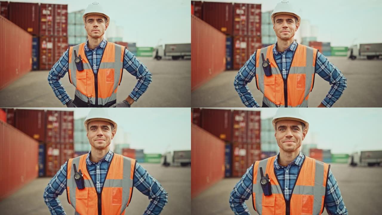 一个穿着白色安全帽、橙色高能见度背心、方格衬衫和工作手套的英俊高加索工业工程师的微笑肖像。集装箱码头
