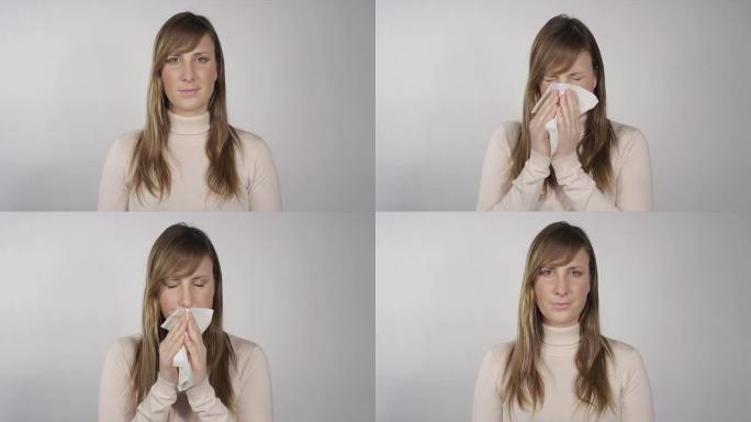 生病的女人用纸巾吹鼻子