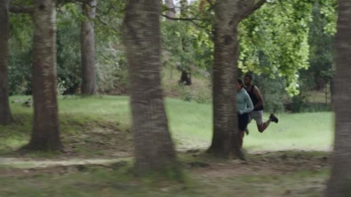 适合情侣在森林里快速在户外跑步，进行晨练。活跃的运动朋友在夏日一起在大自然中冲刺。两个人做健身和有氧