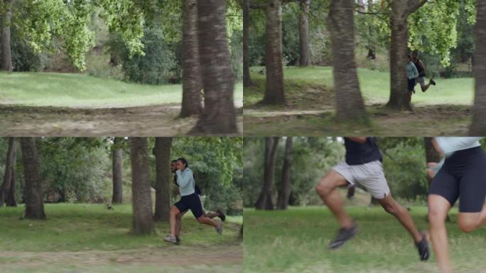 适合情侣在森林里快速在户外跑步，进行晨练。活跃的运动朋友在夏日一起在大自然中冲刺。两个人做健身和有氧