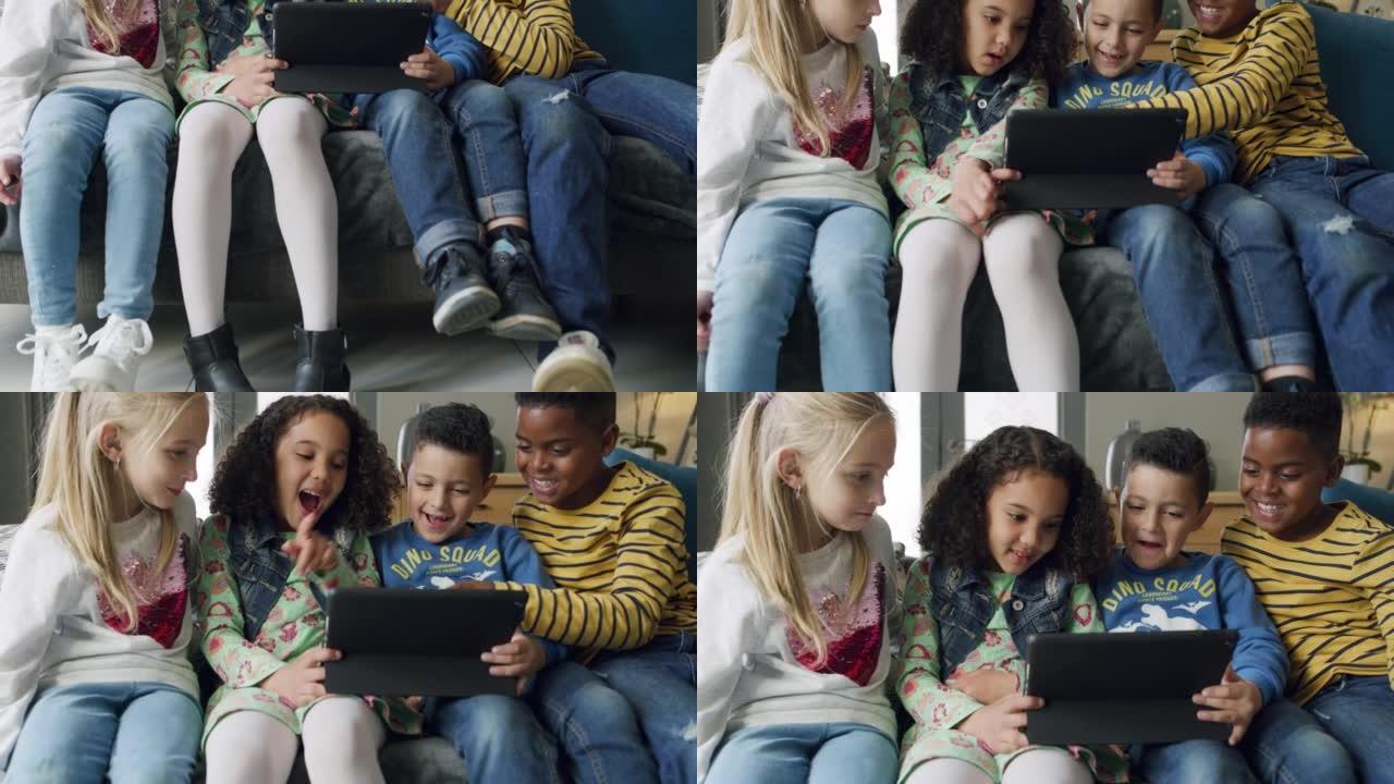一群年轻朋友在沙发上一起使用数字平板电脑的4k视频片段