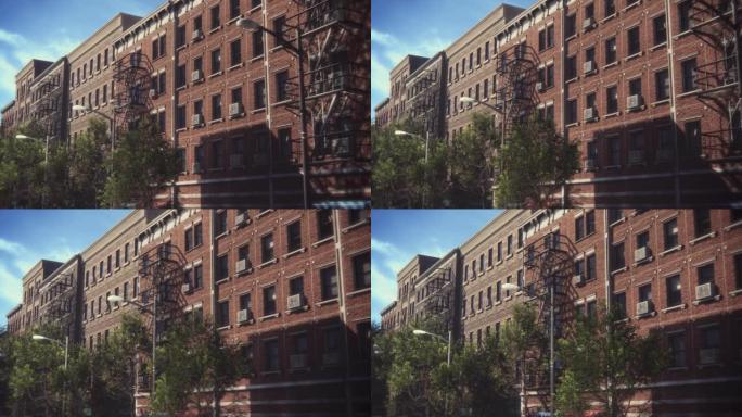 建立镜头:VFX动画砖砌多层公寓楼。翻新的旧褐石屋。带紧急楼梯和空调的住宅白天的城市景观。