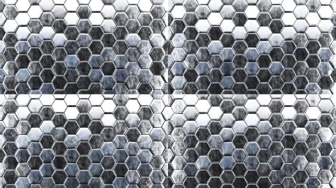 波浪金属表面六边形形状无缝随机运动。美丽的智能材料钢瓦移动反射循环3d动画。六边形网格图案。人工智能