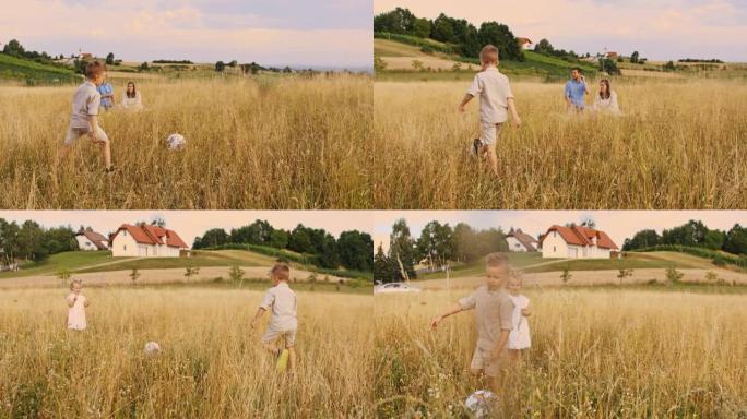 追踪一个儿子和一个女儿在父母旁边的草地上玩球的慢动作镜头