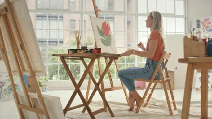 艺术家使用电话拍摄她的油画，并在社交媒体上发布。有创造力的有才华的女画家使用技术从她的家庭工作室推销