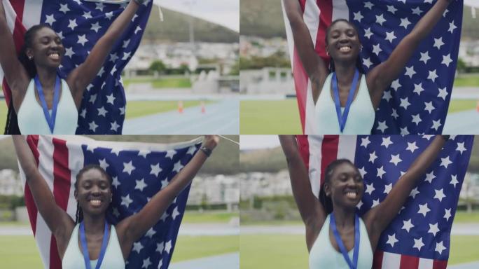 4k视频片段，一名年轻的女运动员在举旗奔跑时庆祝自己的胜利