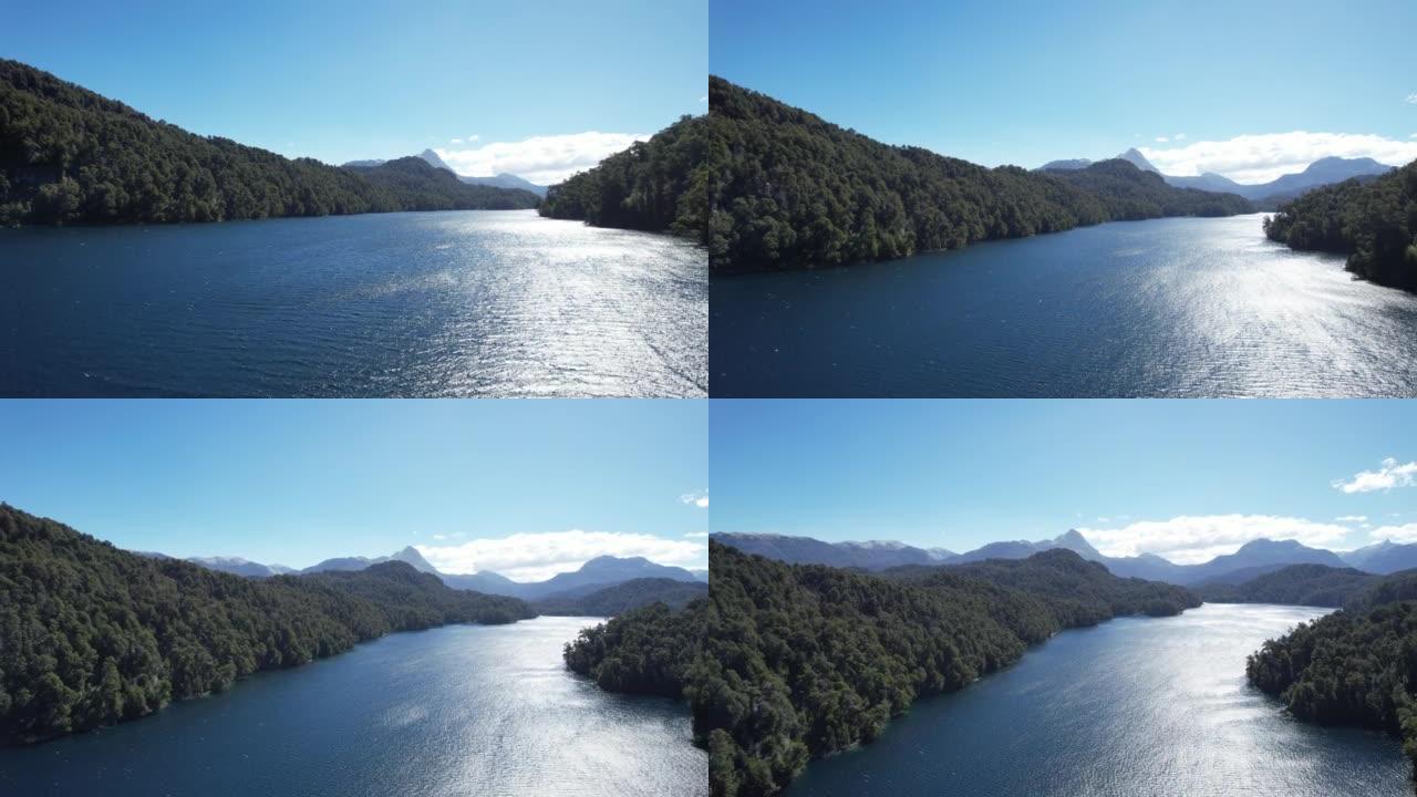 阿根廷内乌肯省Nahuel Huapi国家公园的湖泊和山脉的鸟瞰图。4k分辨率。