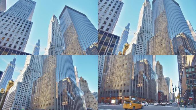 纽约。大道。日。黄色出租车。金融大厦。