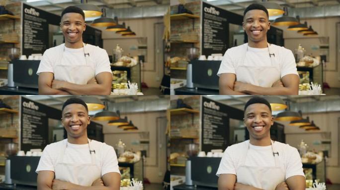 一个年轻的男面包师站在面包店的4k录像