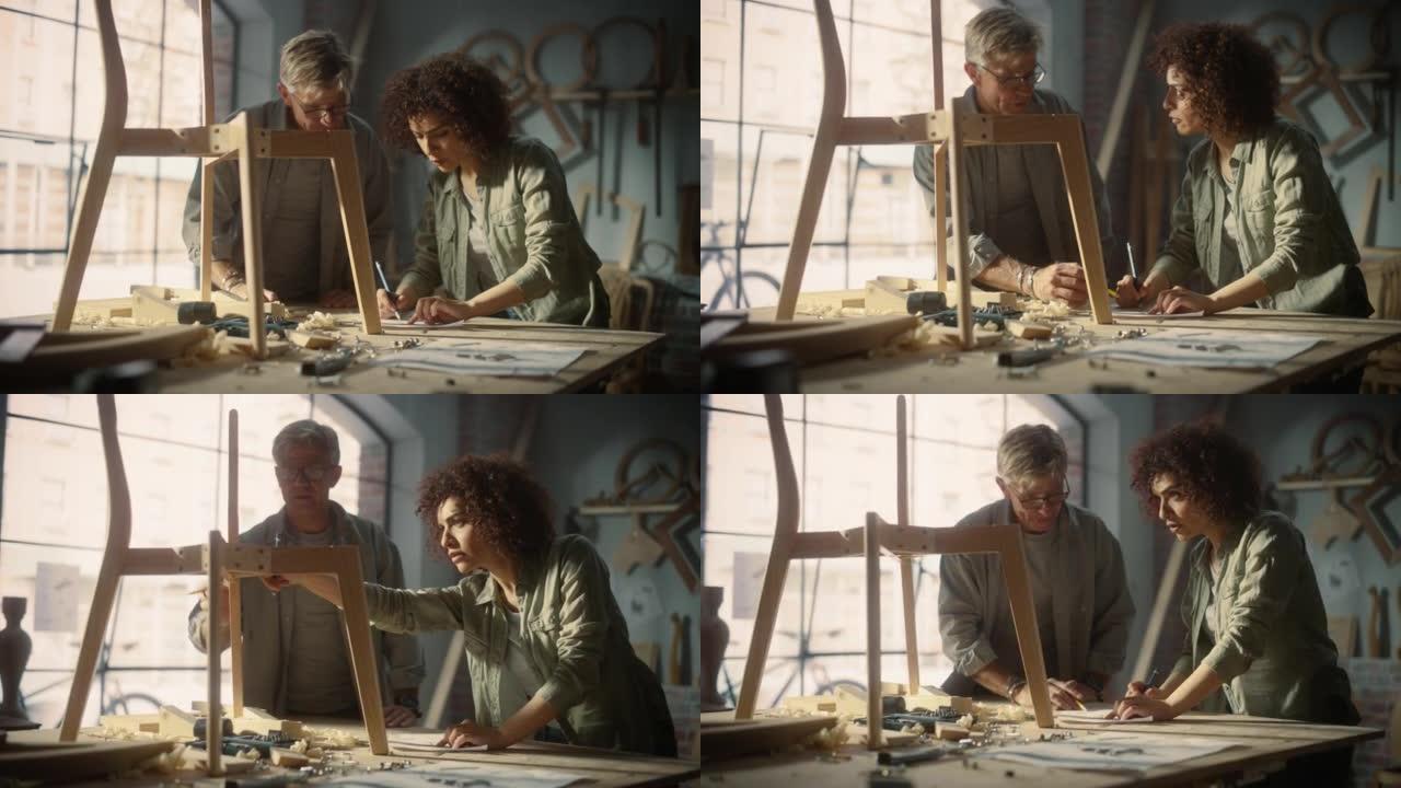 两个木匠在木制品车间一起工作的肖像。多元文化的男女同事在纸上寻找蓝图，并讨论新的椅子设计。