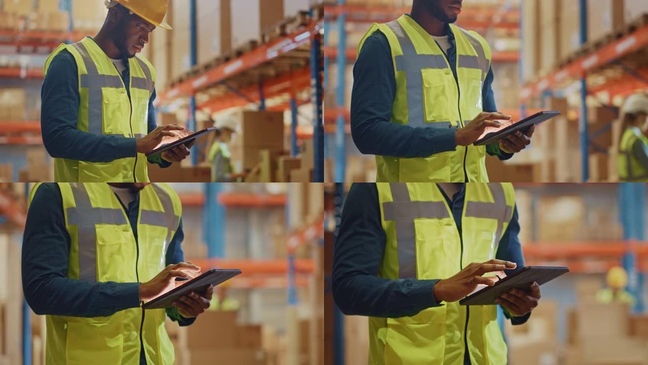 戴着安全帽的男性工人用数字平板电脑检查产品库存和库存，这些平板电脑站在装满货架的零售仓库中。配送、物