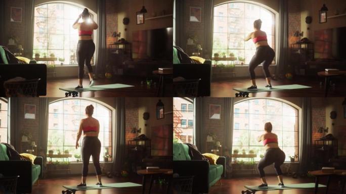 美丽的运动加体型积极的运动女人做有氧运动，蹲和膝盖到肘部在家。像专业人士一样精力充沛的女性训练。舒适