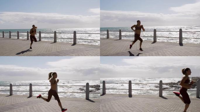 运动型高加索妇女在海边的长廊上锻炼