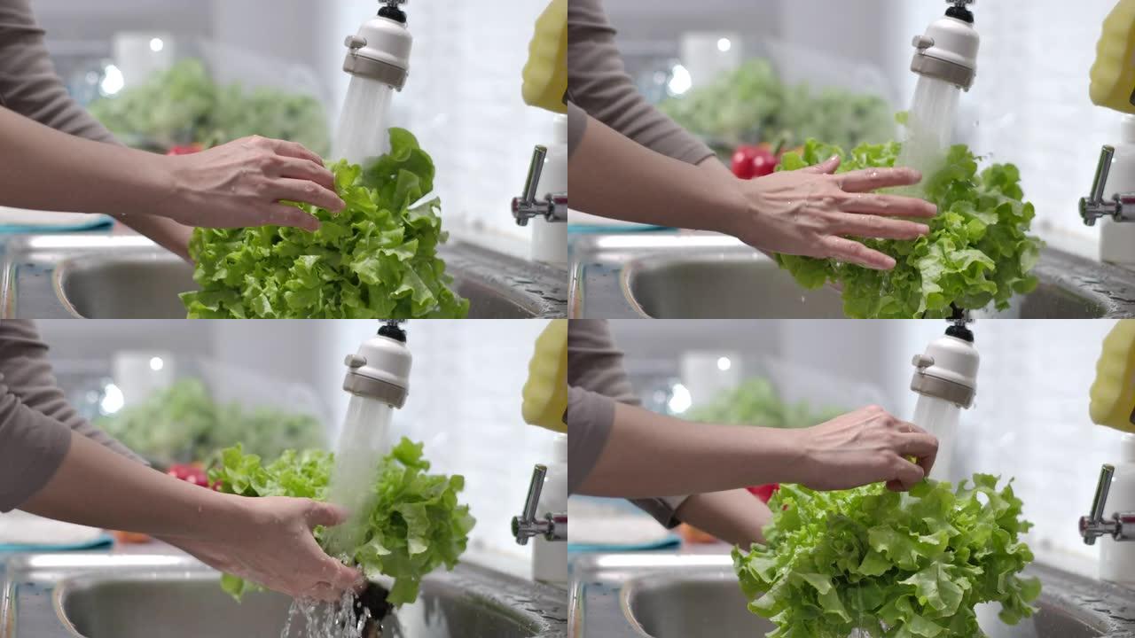 手洗蔬菜，洗有机绿色沙拉