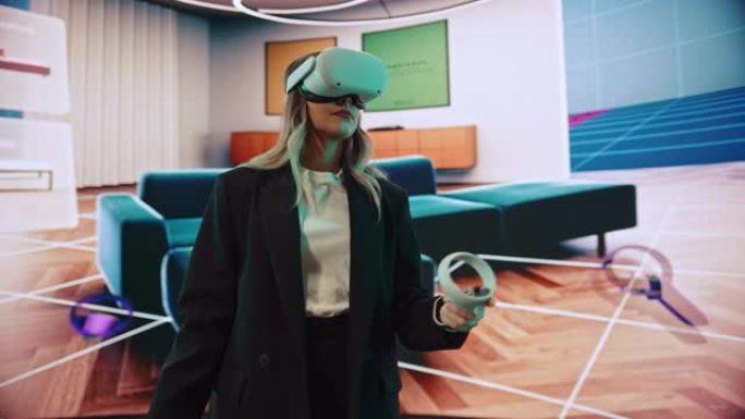 室内设计师使用VR软件设计家居，尝试不同的颜色，在互动环境中移动家具。她的项目使用虚拟现实耳机和控制