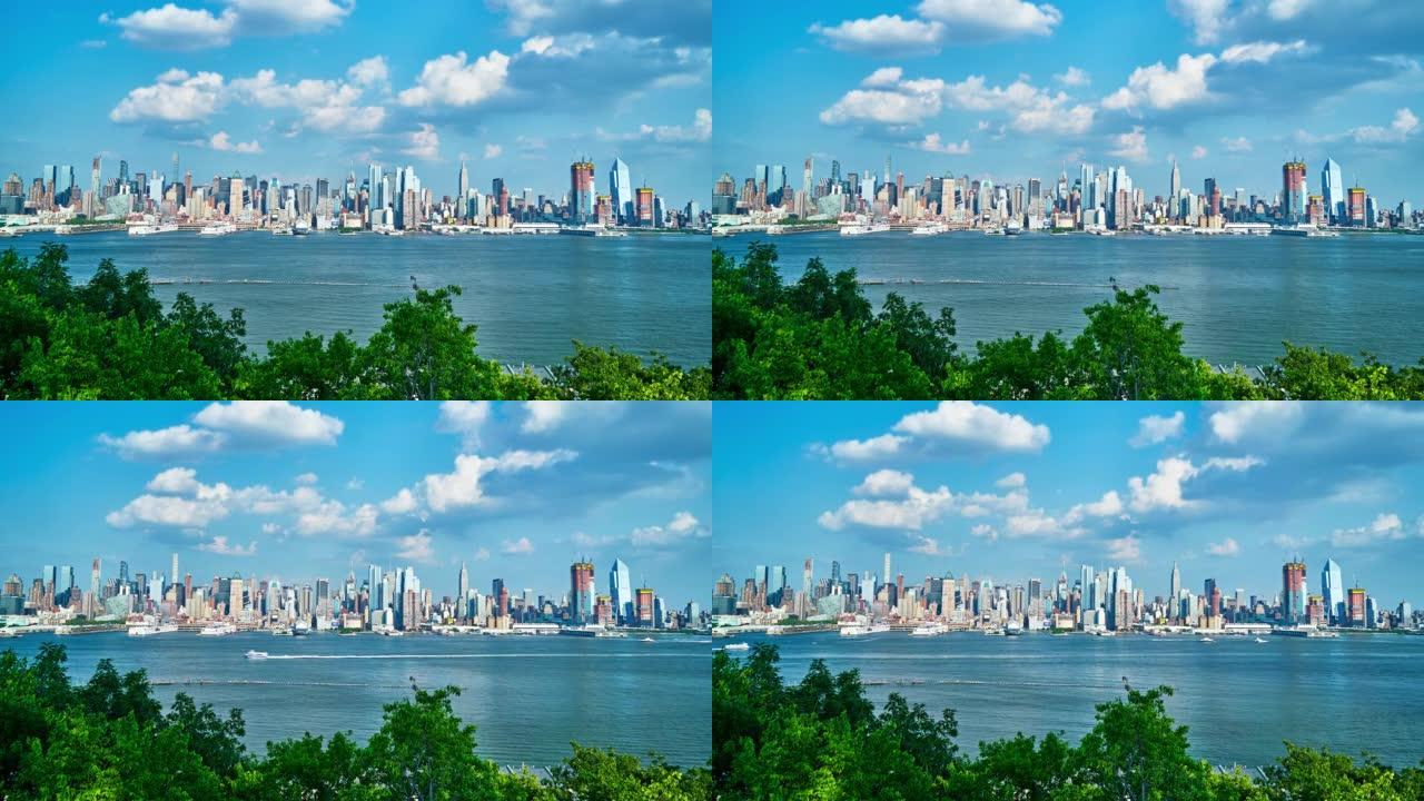 树和曼哈顿中城远望天际线CBD蓝天白云