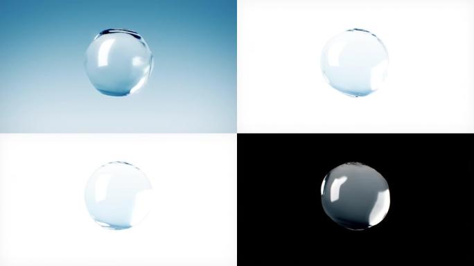 水滴在超级慢动作中挥舞特写。静态位置的蓝色，白色和黑色背景上的自然水滴形状的美丽3d动画。
