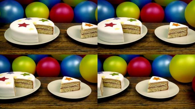 孩子们生日聚会上的蛋糕和盘子上的切片