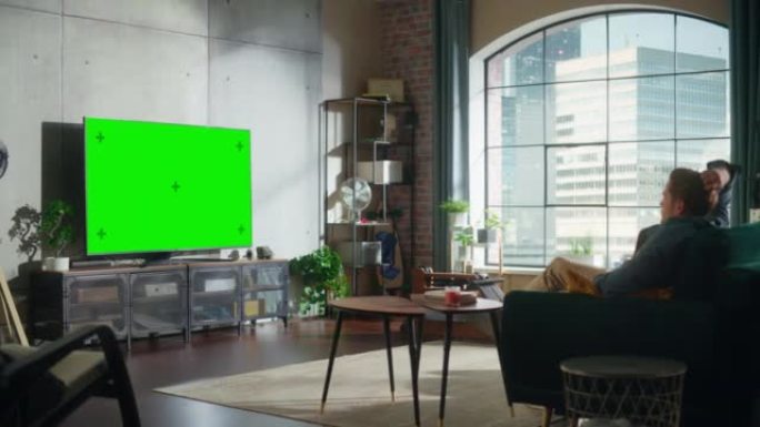 年轻英俊的男人坐在沙发上，看着水平绿屏模拟的电视。这是阁楼公寓家里客厅的白天。