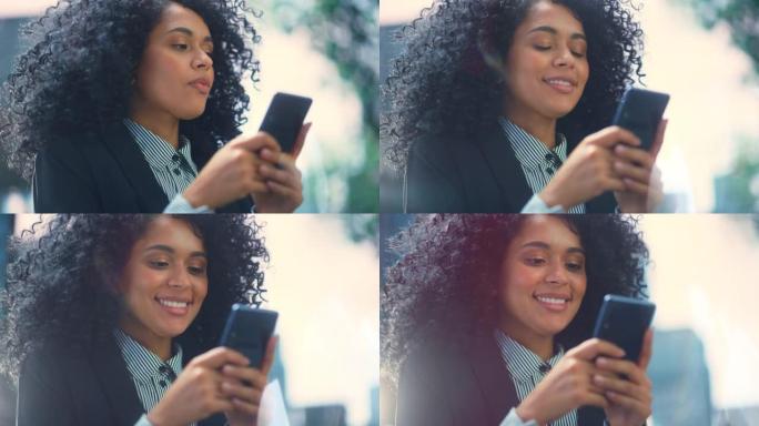 美丽的黑人妇女使用智能手机，键入电子邮件消息，浏览互联网，电子商务在线购物，社交媒体。非裔美国妇女站
