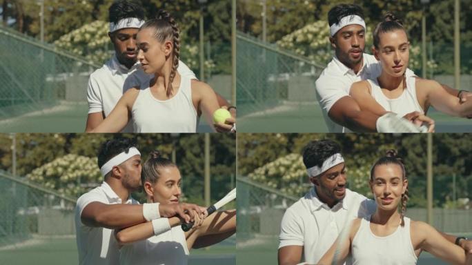 一对年轻夫妇在球场上打网球的4k录像
