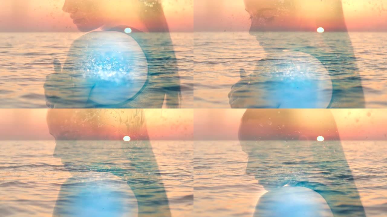 一名年轻女子在日落时接触水滴和海滴的多次曝光