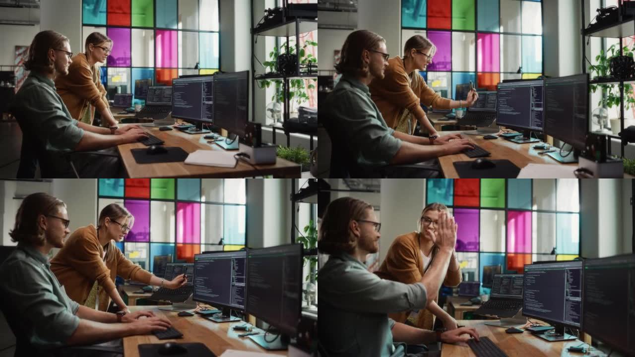 男性数据科学家和女性开发人员在Creative Office的台式计算机上处理代码错误。高加索男人和