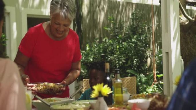 多代非洲裔美国家庭一起在花园里度过时光