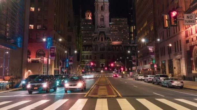 美国费城市政厅夜间红绿灯的时间流逝