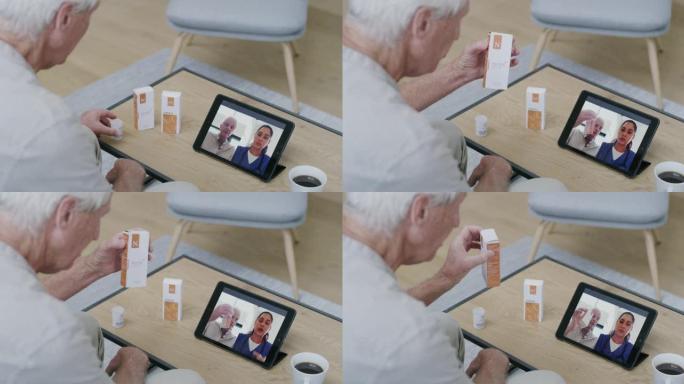 一个成熟男人使用数字平板电脑与护士进行视频通话的4k视频录像