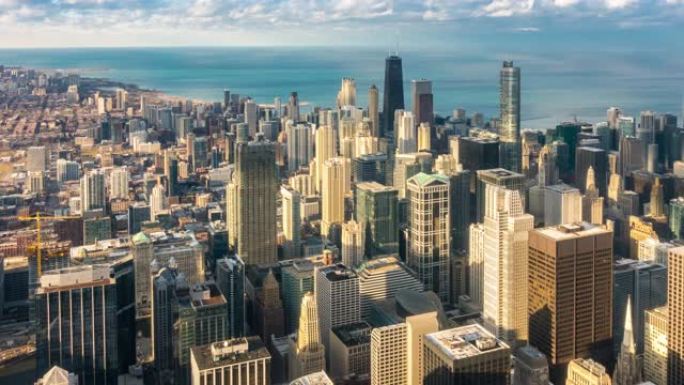 延时: 美国伊利诺伊州北部芝加哥天际线城市景观的鸟瞰图