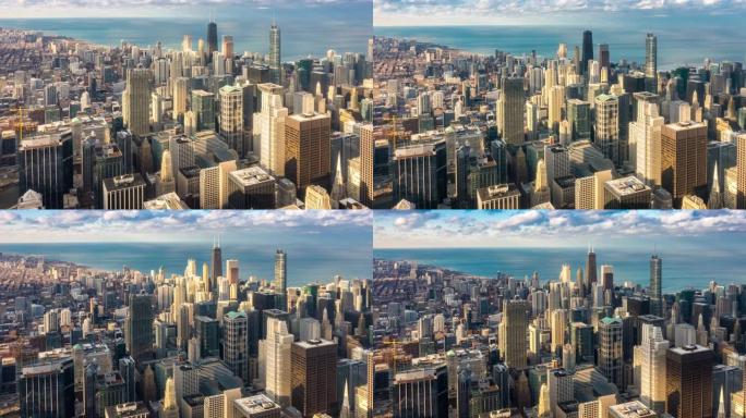 延时: 美国伊利诺伊州北部芝加哥天际线城市景观的鸟瞰图