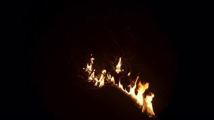 黑色背景上在火焰中燃烧的木树枝的慢动作镜头。火慢慢消失了。孤立的模型，用于特殊效果，VFX，后期制作