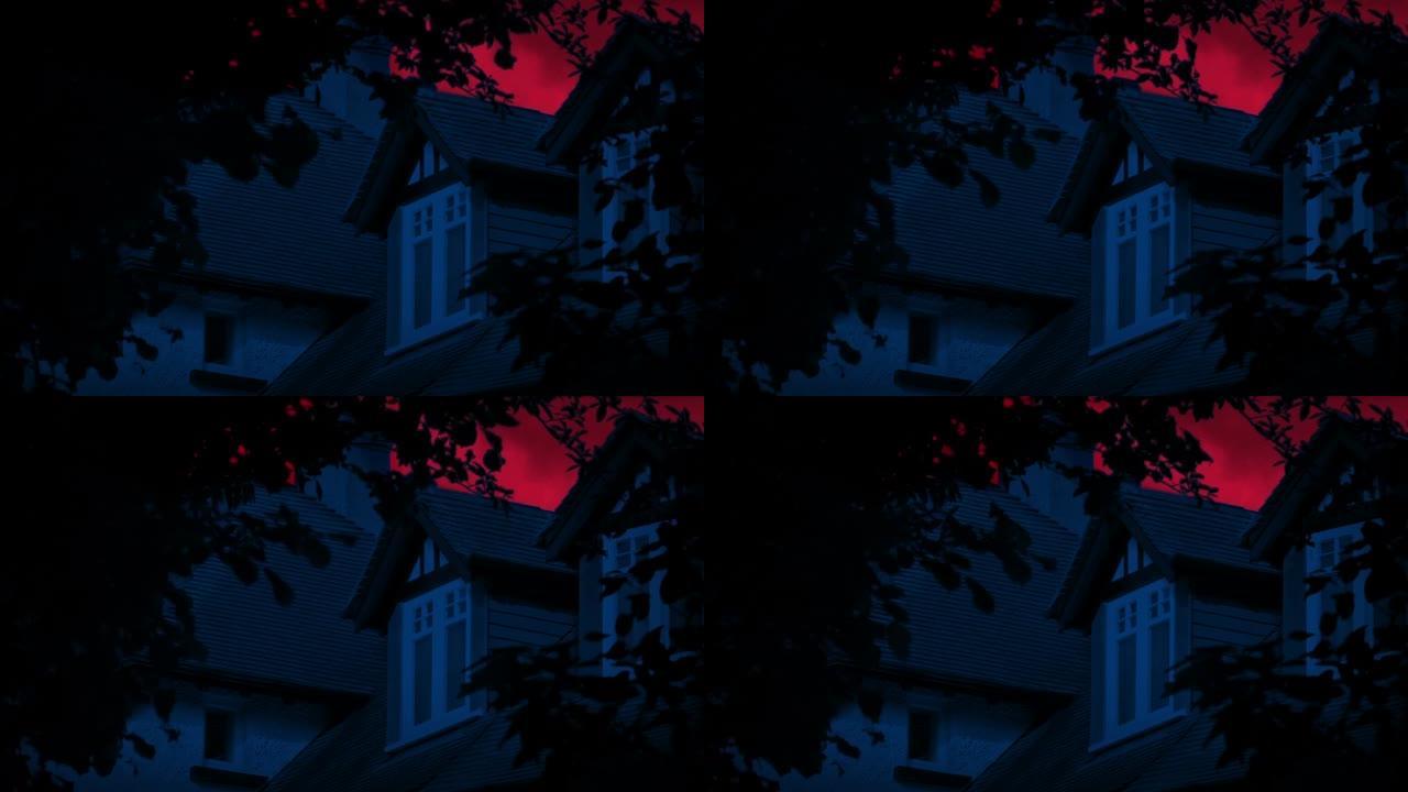 房子的窗户上有可怕的红色天空