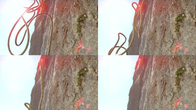 特写镜头，镜头耀斑: 绿色和红色的绳索从高耸的悬崖顶部掉落。